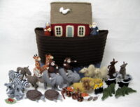 knitted toys of Noah's Ark and a collection of pairs of animals