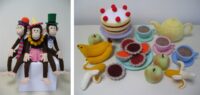 Knitted toys of chimp characters and tea party food