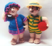 Albert and Mable knitted toys dressed as Victorian bathers