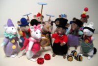 Knitted toys showing mice characters from a circus